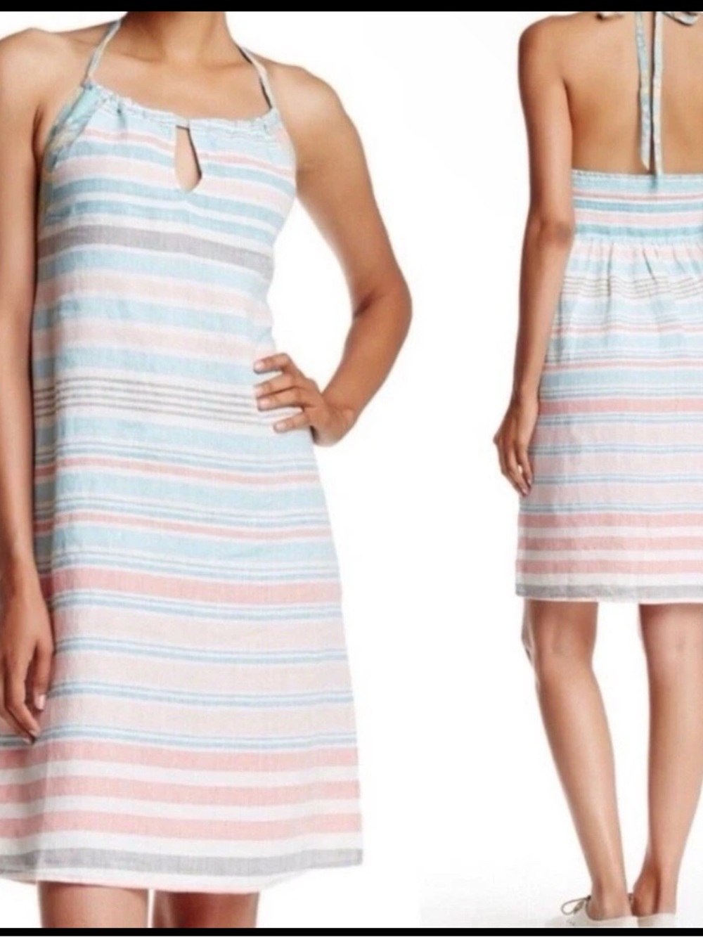 Tommy Bahama Kohala Dress Linen Halter Womens XL Striped Beachy Resort Smocked